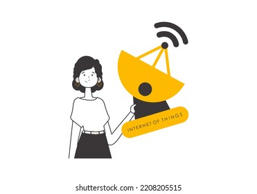 The girl is holding the IOT logo in her hands. Trend lineart style. Isolated on white background. Vector.