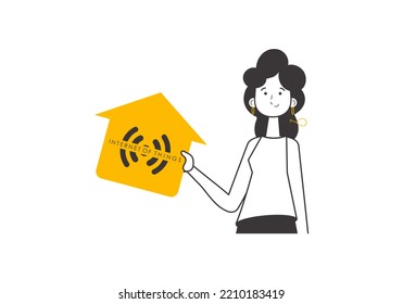 The girl is holding the IOT logo in her hands. Linear modern style. Isolated on white background. Vector illustration.
