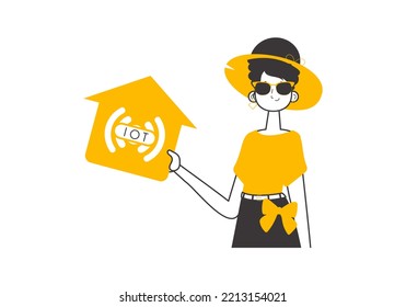 The Girl Is Holding The IOT Logo In Her Hands. Lineart Style. Isolated. Vector Illustration.