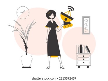 Girl Holding The IOT Logo In Her Hands. Lineart Style. Vector Illustration.