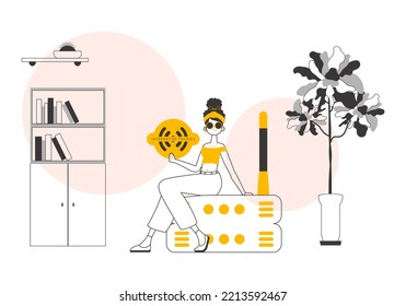 The Girl Is Holding The IOT Logo In Her Hands. Lineart Style. Vector Illustration.