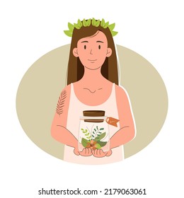 The girl is holding a jar of plants. Careful attitude to nature. Vector illustration