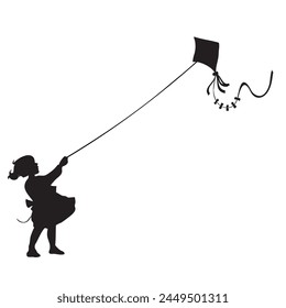 The girl is holding a kite on a rope. Vector illustration.