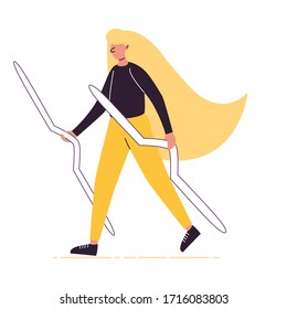 
Girl is holding knitting needles. 
Online knitting store vector illustration. Purple and yellow person.