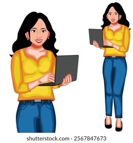 A girl Holding Laptop In Her Hand Cartoon Character Vector Illustration