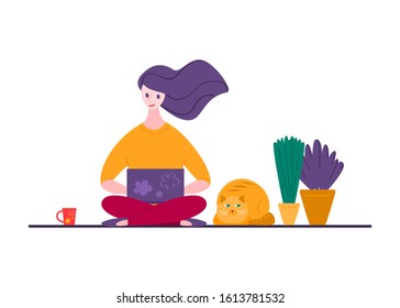 Girl holding a laptop on her lap and sitting on the floor. Long haired woman sitting among potted plants and red cat. Concept working remotely on internet. Colorful vector illustration in flat style