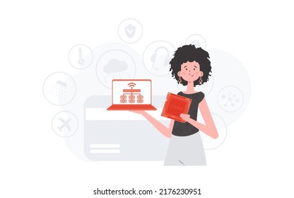The girl is holding a laptop and a processor chip in her hands. Internet of things concept. Vector illustration in trendy flat style.