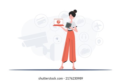 The girl is holding a laptop and a processor chip in her hands. Internet of things and automation concept. Vector illustration in flat style.
