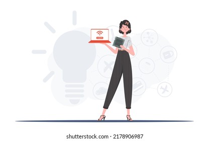The girl is holding a laptop and a processor chip in her hands. IoT concept. Vector.