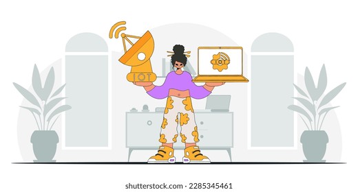 Girl holding laptop and sat dish. Modern vector style for Internet of Things.