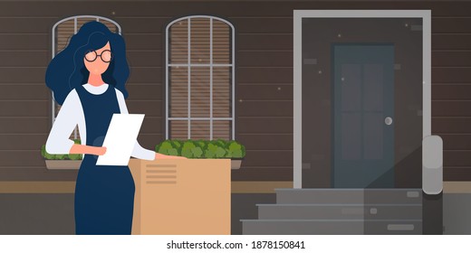 The girl is holding a list and a large box. Delivery of parcels home banner.  The concept of delivering goods, parcels and goods home. Vector.