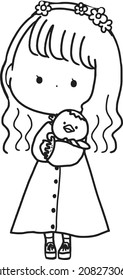 Girl holding a little chick. coloring page