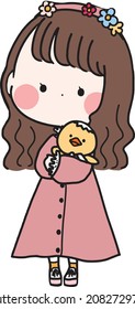 Girl holding a little chick. vector