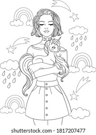 Girl holding a little unicorn in her arms. Vector outline for coloring book.
