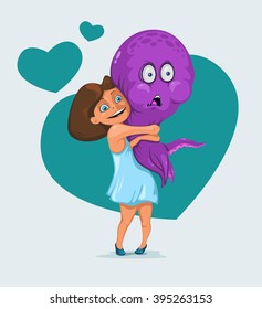 Girl is holding a live octopus. Vector Illustration  on gray background