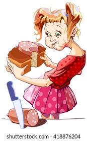 A girl holding a loaf of bread with a slice of sausage, looks around and chews.