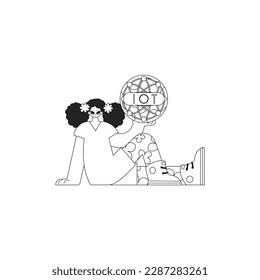 Girl holding logo of IoT, vector linear illustration