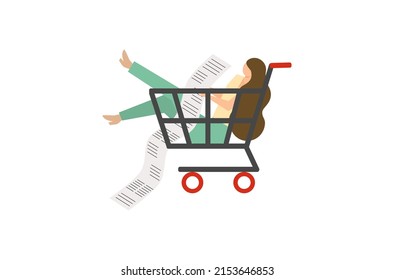 Una chica sostiene un vector de lista de compras, una chica está en un vector de carrito de la compra, un personaje de niña adicto al vector de la compra, el estilo de vida de una niña con fondo blanco, una niña sentada en un carrito de la compra.