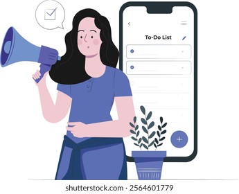 Girl holding loudspeaker with todo list screen in mobile 