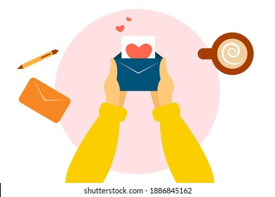 Girl holding a love letter. Top view of the table, letters, coffee cup. Vector illustration in flat style.