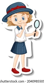 A girl holding magnifying glass cartoon character sticker illustration