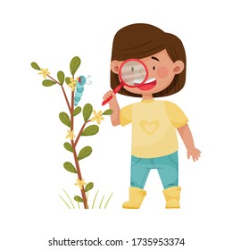 Girl Holding Magnifying Glass Exploring Environment Vector Illustration