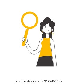 The girl is holding a magnifying glass in her hands. Search concept. Lines modern style. Isolated on white background. Vector illustration.