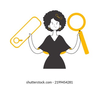 The girl is holding a magnifying glass in her hands. Search concept. Line art style. Isolated. Vector.