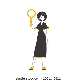 The girl is holding a magnifying glass in her hands. Search concept. Linear trendy style. Isolated. Vector.