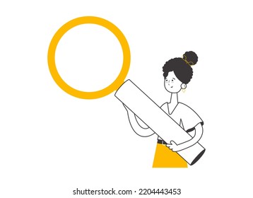 The girl is holding a magnifying glass in her hands. Modern linear style. Isolated. Vector illustration.