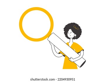 The girl is holding a magnifying glass in her hands. Minimalistic linear style. Isolated. Vector illustration.