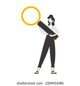 The girl is holding a magnifying glass in her hands. Linear trendy style. Isolated. Vector illustration.