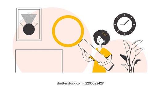 The girl is holding a magnifying glass in her hands. Linear trendy style. Vector illustration.