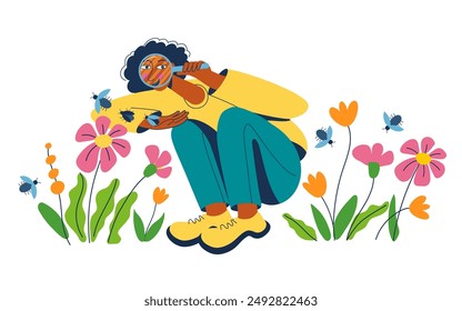 Girl holding a magnifying glass and observing nature. Schoolgirl exploring insects, flowers, looking and studying nature. Vector illustration