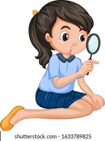 Girl holding magnifying glass on white background illustration