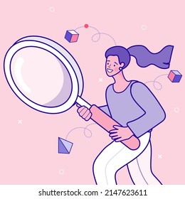 Girl holding a magnifying glass. online marketing strategy. Searching internet data concept. Hand drawn in thin line style, vector illustrations.