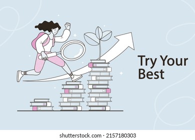 Girl holding a magnifying glass running on a pile of books. Professional education concept. Student accessing the internet learning new information and researching for an assignment. e-learning Vector