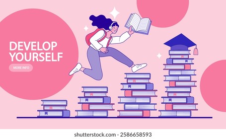 Girl holding a magnifying glass running on a pile of books. Student accessing the internet learning new information and researching for an assignment. Professional education concept. e-learning Vector