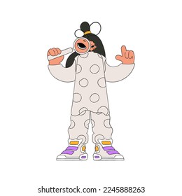 The girl is holding a magnifying glass. Search for information. Linear retro style character.