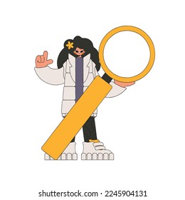 The girl is holding a magnifying glass. Search for information. Linear retro style character.
