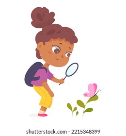 Girl holding magnifying glass to watch butterfly sitting on green plant of forest, yard or garden and study nature vector illustration. Cartoon isolated curious smart kid studying summer insects