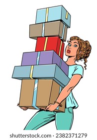 The girl is holding many boxes in her hands. Shopping everywhere, online and offline. Special offers from stores with exclusive discounts and bonuses on delivery.