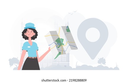 The girl is holding a map. The character is depicted to the waist. Vector.