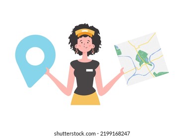 The girl is holding a map. The character is depicted to the waist. Isolated on white background. Vector.