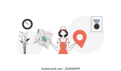 The girl is holding a map. Delivery concept. Linear style.