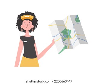 The girl is holding a map. The modern trendy character is depicted to the waist. Isolated on white background. Vector.