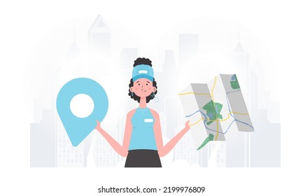 The girl is holding a map. The stylish character is depicted to the waist. Vector illustration.
