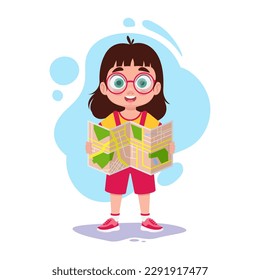 Girl holding a map. Vector illustration