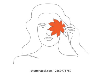 Girl holding a maple leaf, continuous one line drawing	