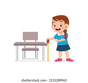 girl holding measure tape and check length of table